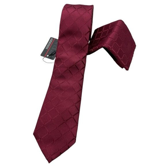 NEW HISDREN Men's Silk Set Necktie Pocket Square LUXURY Burgundy Tartan W:3.2" - Picture 1 of 4